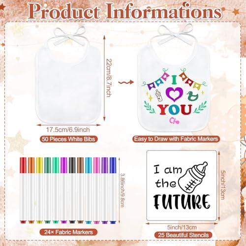 Panitay 100 Pcs DIY Baby Bibs Decorating Kit 50 White Bibs 25 Stencils 24 Markers 1 Baby Shower Game Sign - Image 2
