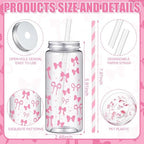 Chuangdi 24 Sets 14 oz Pink Bow Bottles with Straws Party Jars Metal Lids - Image 2