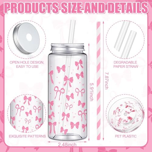 Chuangdi 24 Sets 14 oz Pink Bow Bottles with Straws Party Jars Metal Lids - Image 2