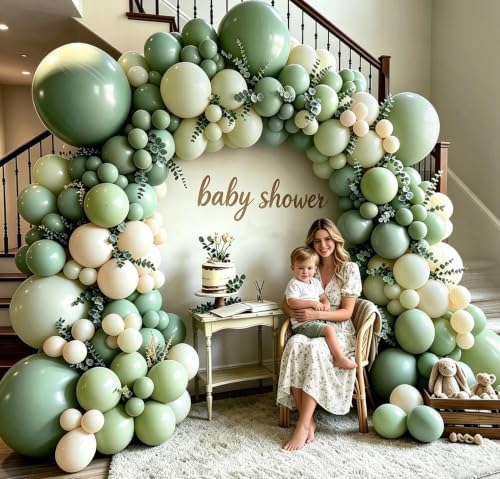 Dusty Green White Balloon Arch Double Stuffed, Neutral Sage Light Green White Sand Beige Balloon Garland Kit with Leaves for Baby Shower Birthday Woodland Bridal Wedding Gender Reveal Fall Party Decor - Image 2