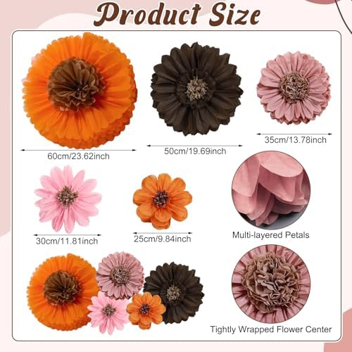 ForraFun 36 Pcs Boho Giant Paper Flowers Decoration for Wall Sizes 10" to 24'' Tissue Paper Pom Poms in 5 Flowers Wall Mexican Backdrop Decor for Birthday Wedding Baby Shower Bridal Shower Party - Image 2