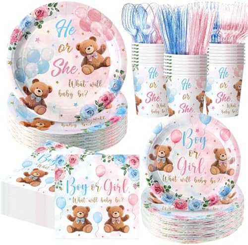 Pickmesh 400 Pcs Bear Gender Reveal Party Supplies Plates Napkins Serve 50 by Pickmesh