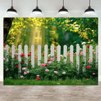 12x10ft Spring Backdrop Green Grass White Fence Photography Background Sunshine Flowers Garden Forest Natural Scenery Wedding Banner Decorations Birthday Baby Shower Portrait Photo Booth Prop by ASDCXZ