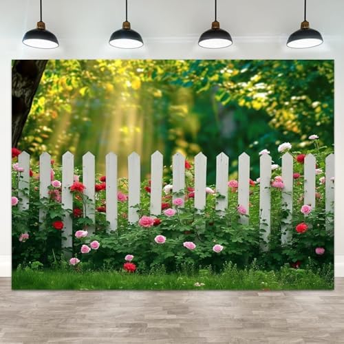 15x8ft Spring Backdrop Green Grass White Fence Photography Background Sunshine Flowers Garden Forest Natural Scenery Wedding Banner Decorations Birthday Baby Shower Portrait Photo Booth Prop by ASDCXZ
