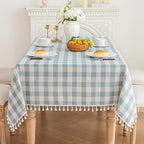 Blue Tablecloth Rectangle, Gingham Cotton Linen Checkered, 55x120 Inch - Image 4