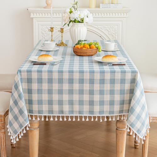 Blue Tablecloth Rectangle, Gingham Cotton Linen Checkered, 55x120 Inch - Image 4