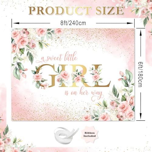 Avezano Girl Baby Shower Backdrop Pink Floral Sweet Baby Baby Shower Banner A Sweet Little Girl is on Her Way Party Decorations Banner (8x6ft) - Image 3