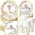Ziliny 250 Pcs God Bless Baptism Party Tableware Set for 50 Guest First Holy Communion Decorations Pink Eucalyptus Leaves Paper Plates Napkins and Cups for Christening Baby Shower Religious by Ziliny