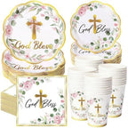 Ziliny 250 Pcs God Bless Baptism Party Tableware Set for 50 Guest First Holy Communion Decorations Pink Eucalyptus Leaves Paper Plates Napkins and Cups for Christening Baby Shower Religious by Ziliny