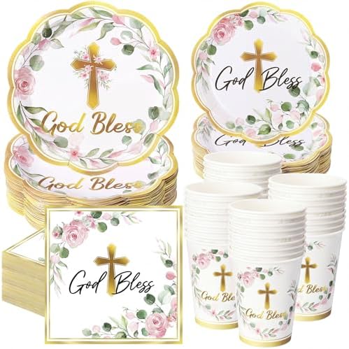 Ziliny 250 Pcs God Bless Baptism Party Tableware Set for 50 Guest First Holy Communion Decorations Pink Eucalyptus Leaves Paper Plates Napkins and Cups for Christening Baby Shower Religious by Ziliny