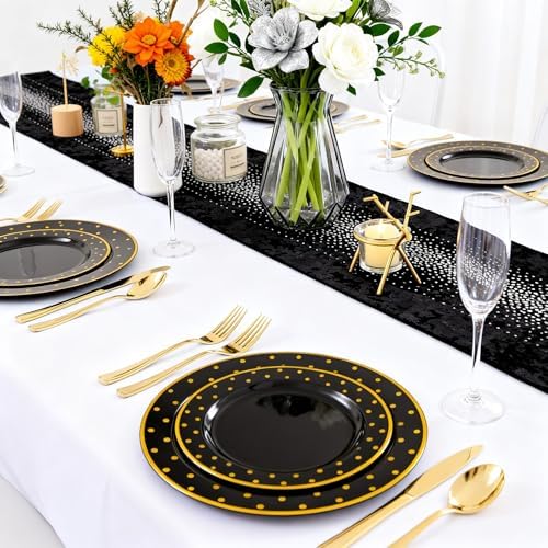 DaYammi 200Pcs Gold and Black Plastic Plates with Gold Silverware for Party - Image 5