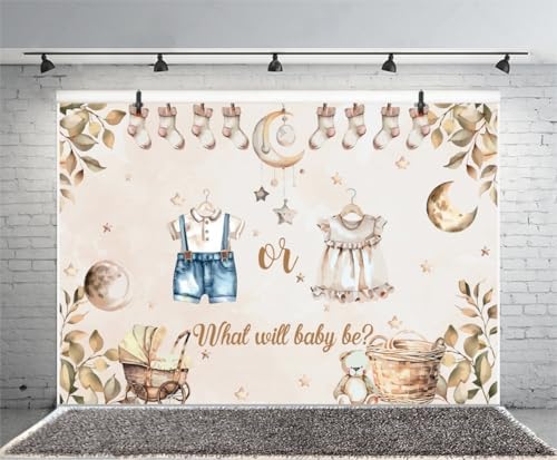 10x8ft Gender Reveal Backdrop He or She What Will Baby Be Photography Background Rustic Eucalyptus Leaves Socks Stars Photo Backdrops Newborn Gender Reveal Surprise Party Decoration Banner Supplies - Image 3