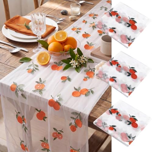 Mindsoft 3 Pcs Orange Cuties Table Runner, 10ft Tablecloth Little Cuties Baby Shower Decorations Gauze Embroidery Tulle Lace Runner Orange Fruit Decor for Table Wedding Birthday Bridal Baby Shower by Mindsoft