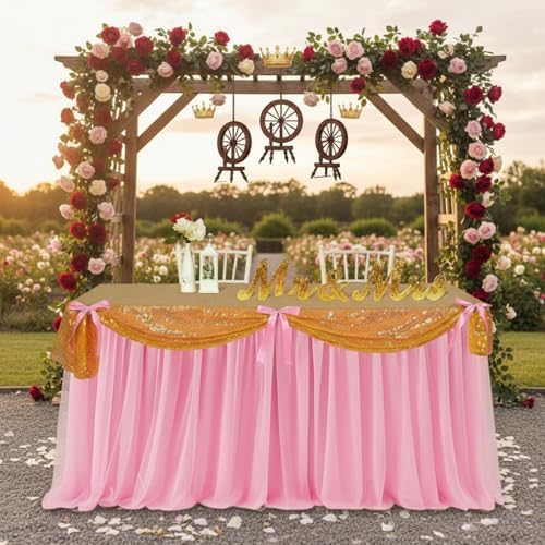 5 Pcs Pink Gold Table Skirt Set for Princess Birthday Party 30 x 108 in by Windkream
