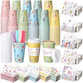 Nuogo 400pcs/100set 16 oz Floral Disposable Coffee Cups with Lids Sleeves Straws Napkins, Spring/Summer Party Tea Wedding Baby Shower Bulk Paper Cups for Hot Cold Drinks by Nuogo