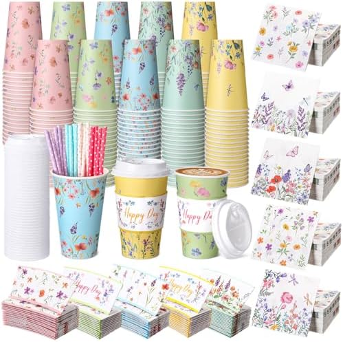 Nuogo 400pcs/100set 16 oz Floral Disposable Coffee Cups with Lids Sleeves Straws Napkins, Spring/Summer Party Tea Wedding Baby Shower Bulk Paper Cups for Hot Cold Drinks by Nuogo