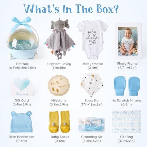 Baby Shower Gifts for Boys 12-in-1 Baby Boy Gift Set for Newborn, Premium Gender Reveal Gifts for New Parents, with Elephant Lovey, 100% Cotton Onesie, Photo Frame & Carriage Storage Case - Image 2