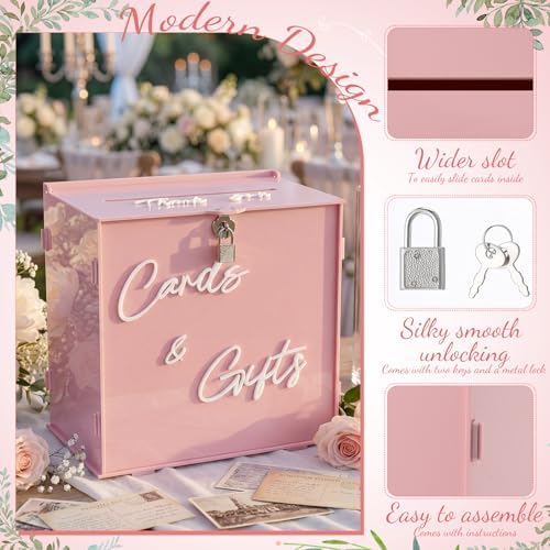 BreezeHug 10" Blush Pink Acrylic Wedding Card Box with Lock & 3D Letters - Image 4