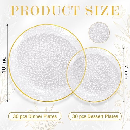 Rubtlamp 60Pcs Clear Plastic Plates,Clear Disposable Plates With Gold Rim,Heavy-duty Gold Plates,Hammered Party Plates Include 30Clear Dessert-Platos,30Dinner-Platos for Wedding, Party - Image 2