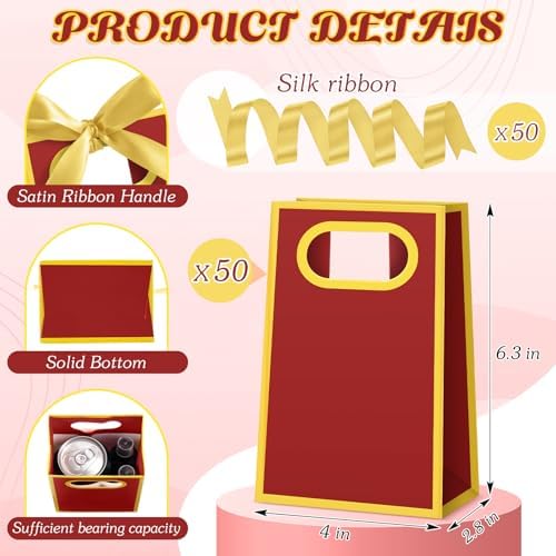 AmazingSpark 50 Pcs Burgundy Gold Mini Gift Bags Bulk 6.3 x 3.9 x 2.8 Inch Party Favors Elegant Small Gift Bags with Handles and Ribbon Bows for Wedding Birthday Bridal Baby Shower Party Favors - Image 2