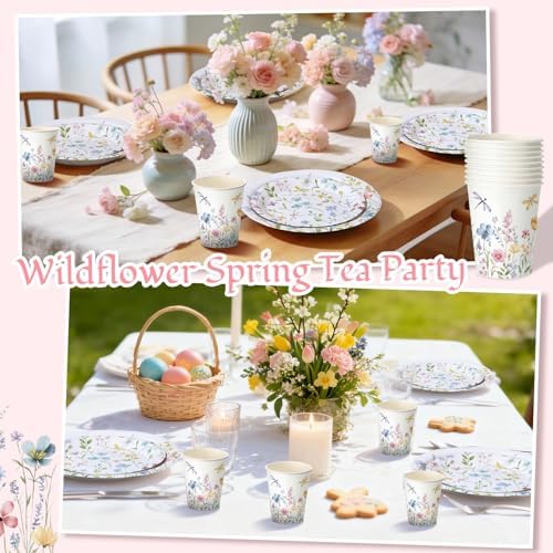 Pickmesh 250 Pcs Spring Floral Disposable Tableware Set Wildflower Butterfly Disposable Paper Plates Napkins and Cups for Baby Bridal Shower Birthday Wedding Baby in Bloom Garden Tea Party Supplies - Image 5
