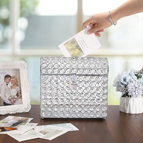 ELLDOO Crystal Wedding Card Box with Heart Lock, Money Card Box Treasure Chest Style Silver Gift for Wedding Receptions Centerpiece Decor Anniversary Keepsake Gift Display Csae, Medium - Image 3