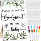 Handepo 26 Pcs Baby Shower Games DIY Bodysuit Set 1 Wooden Sign 15 White Bodysuits 10 Fabric Markers for Birth Decorating Kit(Green Leaves) by Handepo