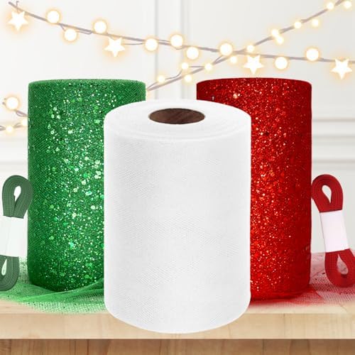3PCS Glitter Tulle & Solid Color Tulle Roll Bundle (White & Red & Green) by Luceinvita
