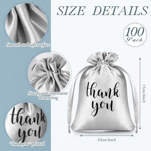 Roowest 4 x 6 Inch 100 Pcs Thank You Satin Gift Bags, Silver - Image 2
