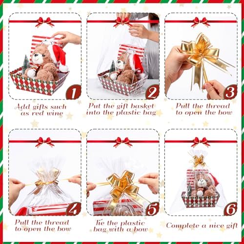 Nuogo 12 Pack Christmas Basket for Gifts Empty 9.8 x 6.5 Inch Bulk Gift Baskets Empty to Fill Cardboard Trays with Basket Bags, Pull Bows for Christmas Holiday Birthday Party Gifts(Plaid Style) - Image 3