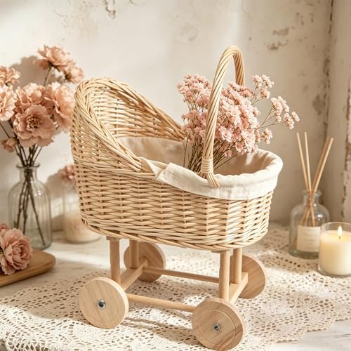 Vintage Woven Rattan Baby Carriage Basket – Handcrafted Wicker Stroller for Baby Shower, Flower Girl Basket, Baby Things, Rustic Home Decor, Photography Props, Floral Arrangements(Middle) - Image 7