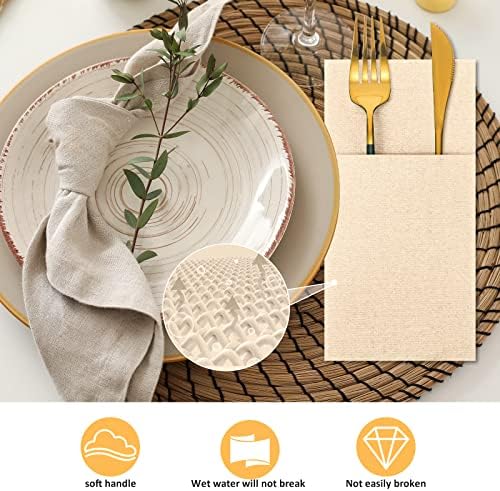 Cindeer 150 Pcs Champagne Linen Dinner Napkins with Built in Flatware - Image 6