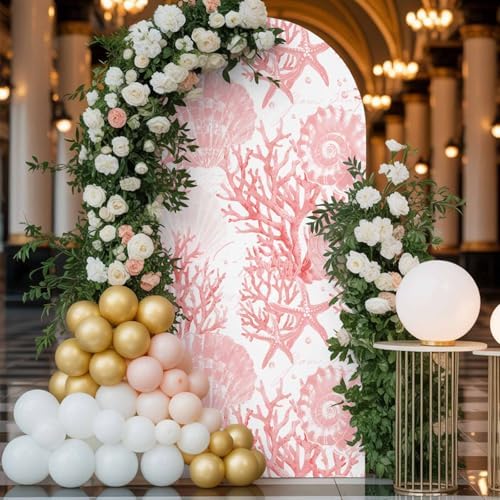 Nautical Coastal Arch Backdrop Cover 7.2 FT, Beach Ocean Pink Coral Seashell Starfish Wedding Arch Cover Stretchy Backdrop Stands Covers for Birthday Party Ceremony Banquet Decor - Image 4