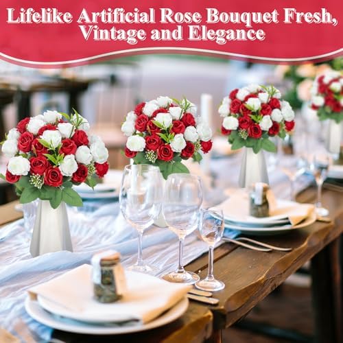 Zeyune 8 Pack 12 Inch Artificial Rose Bouquet, Red and White - Image 3