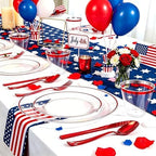 SUT 350 Pcs Red and Clear Plastic Dinnerware Set for 50 Guests, Include: 50 Dinner Plates, 50 Dessert Plates, 50 Pre Rolled Napkins With Silverware, 50 Cups, Disposable Plates for Party - Image 2