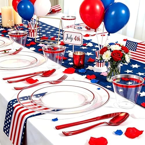 SUT 350 Pcs Red and Clear Plastic Dinnerware Set for 50 Guests, Include: 50 Dinner Plates, 50 Dessert Plates, 50 Pre Rolled Napkins With Silverware, 50 Cups, Disposable Plates for Party - Image 2