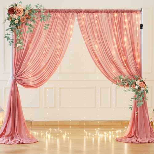 10x10ft Dusty Rose Chiffon Backdrop Curtain with Lights String for Wedding Sheer Tulle Curtain Photo Backdrops Drapes for Baby Shower Birthday Party Home Ceremony Decorations - Image 4