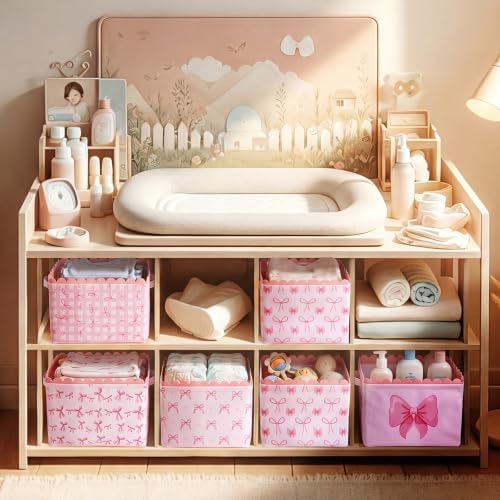 CHENGU 6 Pcs Pink Bow Storage Basket Collapsible Scalloped Storage Bin - Image 5