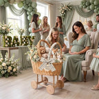 Vintage Wicker Baby Carriage for Baby Shower with Sage Green Bow & Balloons - Image 5