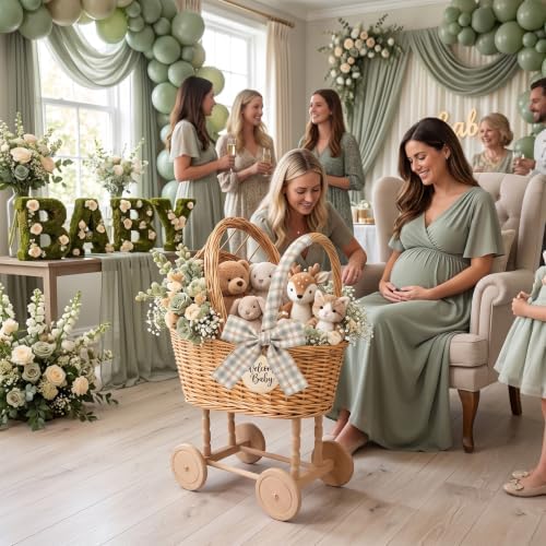 Vintage Wicker Baby Carriage for Baby Shower with Sage Green Bow & Balloons - Image 5