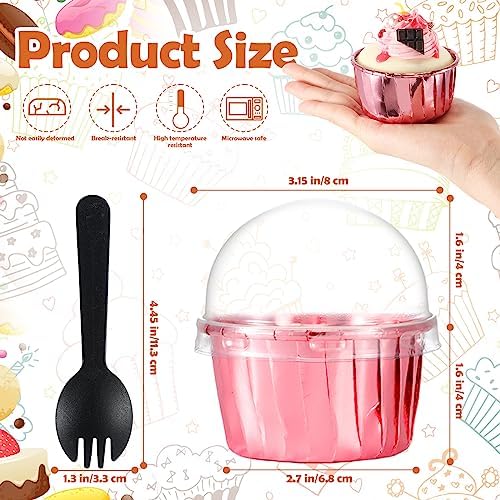 Bokon 200 Pack Cupcake Liners with Dome Lids and Spoons 3.5 oz Mini Foil Baking Cups Disposable Muffin Liners Pans Holders Containers Cupcake Wrappers for Wedding Birthday Party Individual Bakery - Image 2