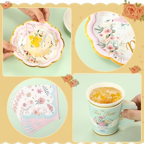 Yungyan 216 Pcs 72 Guest Tea Party Plates and Napkins Sets Floral Tea Party Supplies 6" Paper Plates, 9 oz Cups and Saucers Disposable Tableware Set for Birthday Wedding Bridal Shower Decorations - Image 5