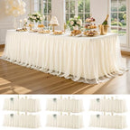 Wish Care 6 Pack Ivory Tulle Tablecloth for 8 Foot Rectangle Tables Stretch Fitted Rectangular Table Cloth 8ft Wrinkle Free Ruffle Elastic Table Cover Tutu Skirt for Wedding Birthday Party Baby Shower by WishCare