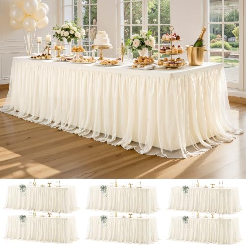 Wish Care 6 Pack Ivory Tulle Tablecloth for 8 Foot Rectangle Tables Stretch Fitted Rectangular Table Cloth 8ft Wrinkle Free Ruffle Elastic Table Cover Tutu Skirt for Wedding Birthday Party Baby Shower by WishCare