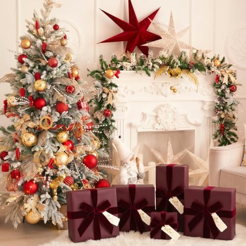 Burgundy Christmas Kraft Wrapping Paper 45 ft Velvet Ribbon 12 Gift Tags - Image 6