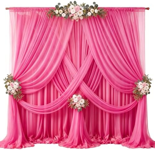 40ft x 10ft Hot Pink Backdrop Curtains, Wrinkle-Free Sheer Chiffon Fabric Photo Backdrop Drapes for Wedding Arch Party Ceremony Stage Photography Decorations by WishCare