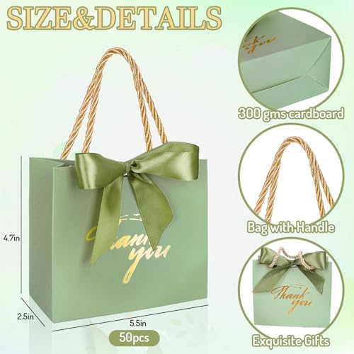 Whaline 50 Pcs Thank You Paper Gift Bags with Bows Sage Green Party Favor Bag with Handles Mini Candy Treat Bags for Wedding Bridal Baby Shower Birthday Party (Assembly Required) - Image 2