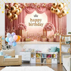 Rose Gold Birthday Backdrop Banner Pink Balloon Floral Rose Photography Background for Girls Women Gold Birthday Party Wedding Baby Shower Decor Photo Booth Supplie, 12X10 Ft - Image 3