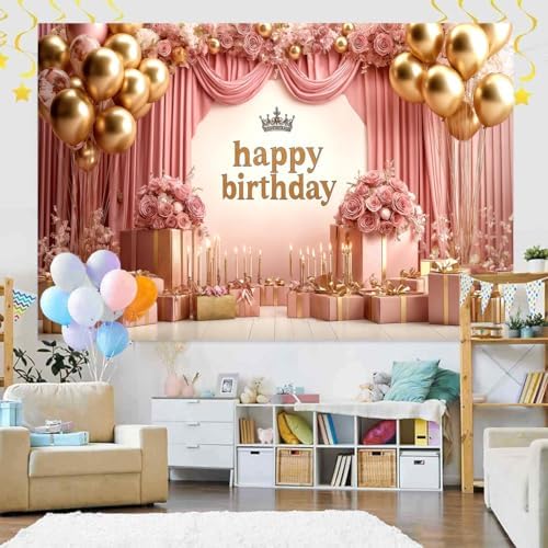 Rose Gold Birthday Backdrop Banner Pink Balloon Floral Rose Photography Background for Girls Women Gold Birthday Party Wedding Baby Shower Decor Photo Booth Supplie, 12X10 Ft - Image 3