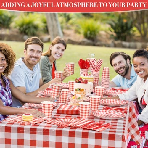 Funnymoom 452 Pcs Red Gingham Party Supplies for 50, Red and White Gingham Checkered Paper Plates Napkins Cups Tablecloth Cutlery Straws for Birthday Family Picnic Camping Barbecue Party Decoration - Image 4